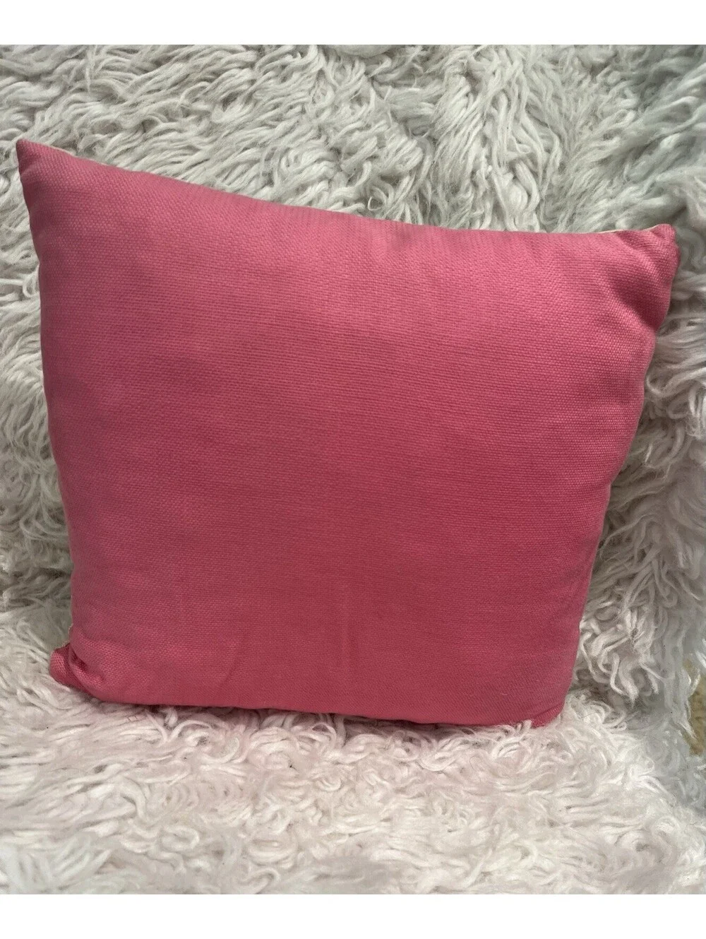 Vintage 11x11” Pink Green Canvas Cross Stitch Flower Heart Throw Pillow 70s